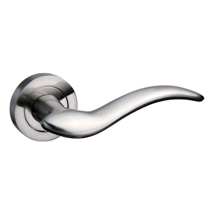 Barcelona door handle on a rose in satin Nickel