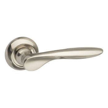 Malta door handle on a rose in satin nickel