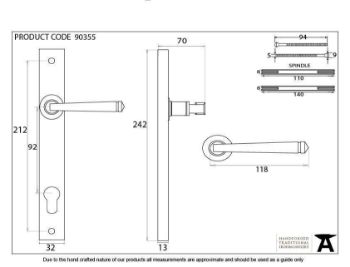 Period Avon EURO Slim-line Sprung Espag Handle in Polished Chrome - 90355_TECH DWG