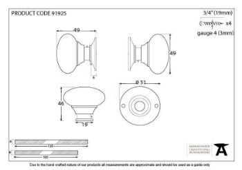 Small Mushroom Mortice/Rim Door Knob Set in Polished Bronze - 91925_TECH DWG