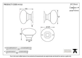 Large Mushroom Mortice/Rim Door Knob Set in Polished Chrome - 91532_TECH DWG