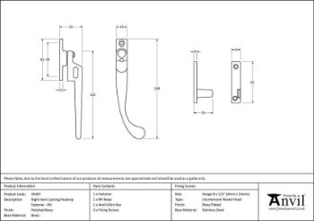 Polished Brass Night-Vent Locking Peardrop Fastener - RH - 45397 