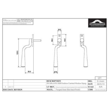 PADSTOW CRANKED ESPAGNOLETTE WINDOW HANDLE LOCKING L/H ARMOR COAT FLAT BLACK - SB-FB1300L