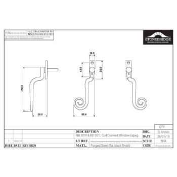 CURL CRANKED ESPAGNOLETTE WINDOW HANDLE LOCKING R/H ARMOR COAT FLAT BLACK - SB-FB1301R 