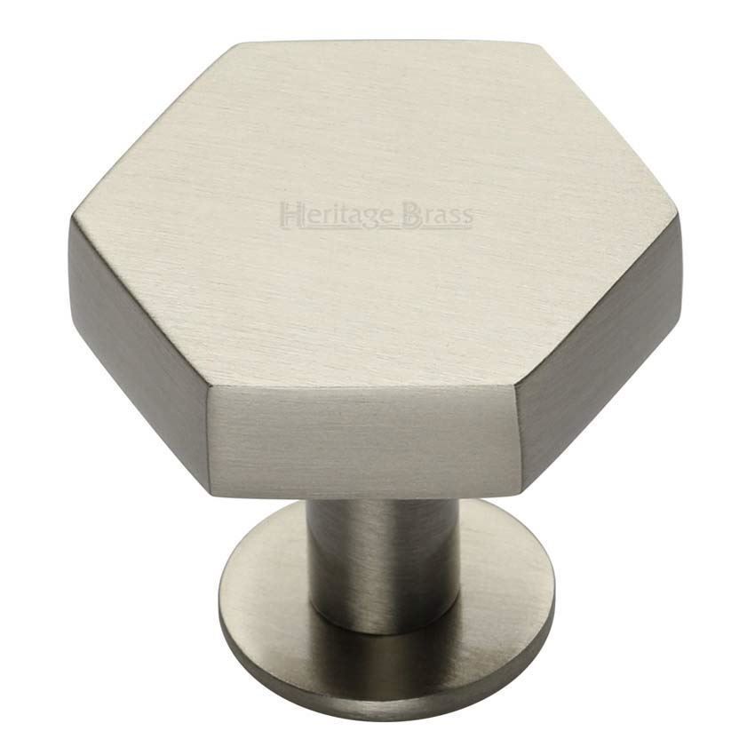 Hexagon Cabinet Knob on a Rose in Satin Nickel Finish - C4345-SN