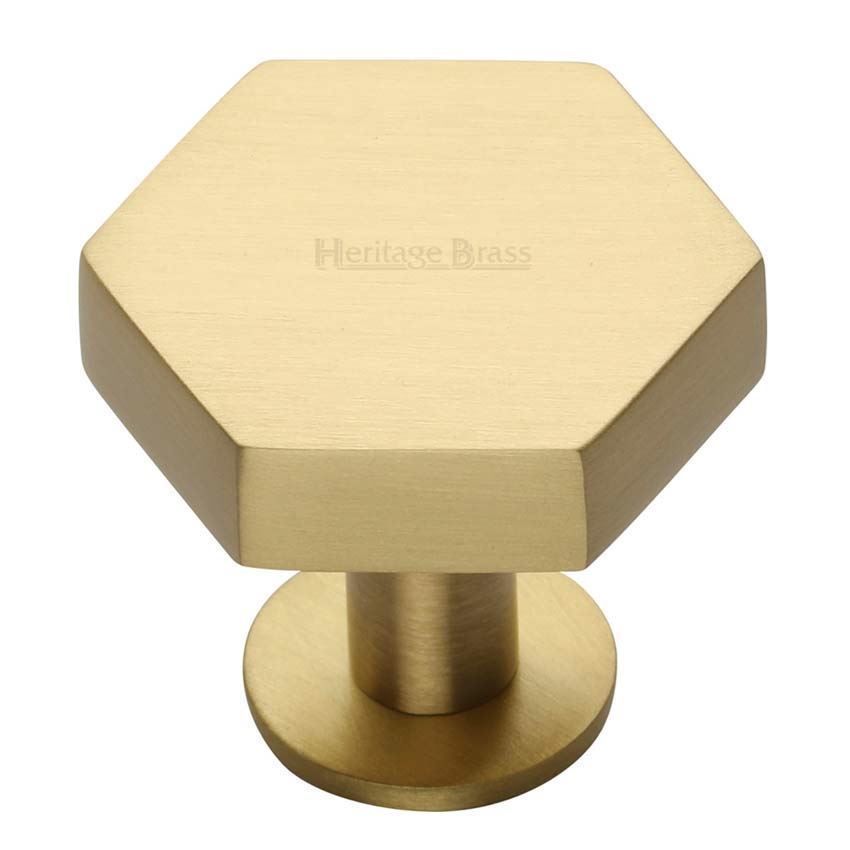 Hexagon Cabinet Knob on a Rose in Satin Brass Finish - C4345-SB