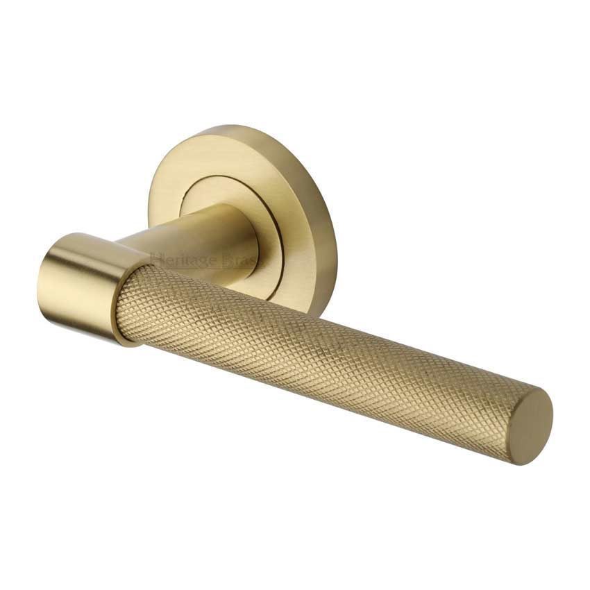 Phoenix Knurled Door Handle on Round Rose in Satin Brass - RS2018-SB 