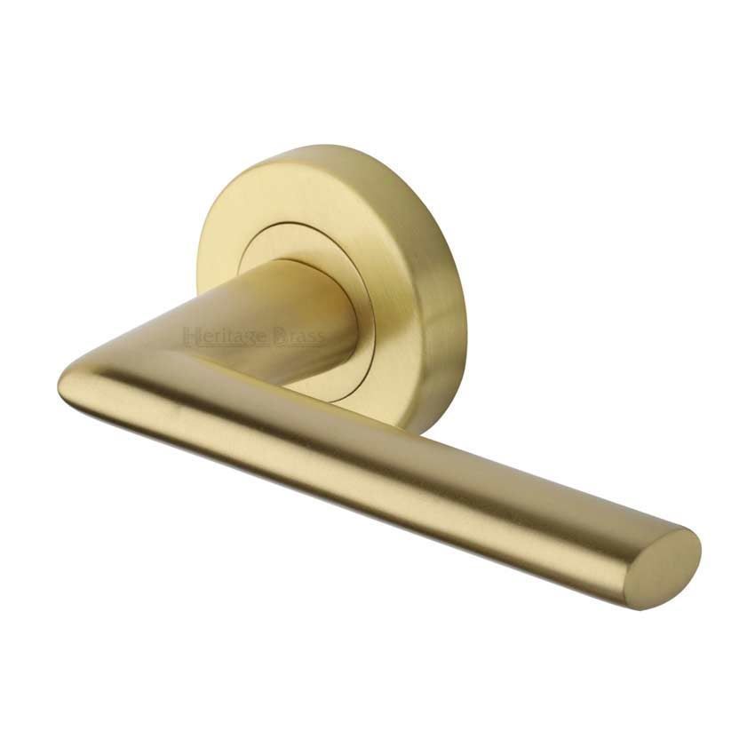 Admirality Door Handle on Round Rose in Satin Brass - V2355-SB