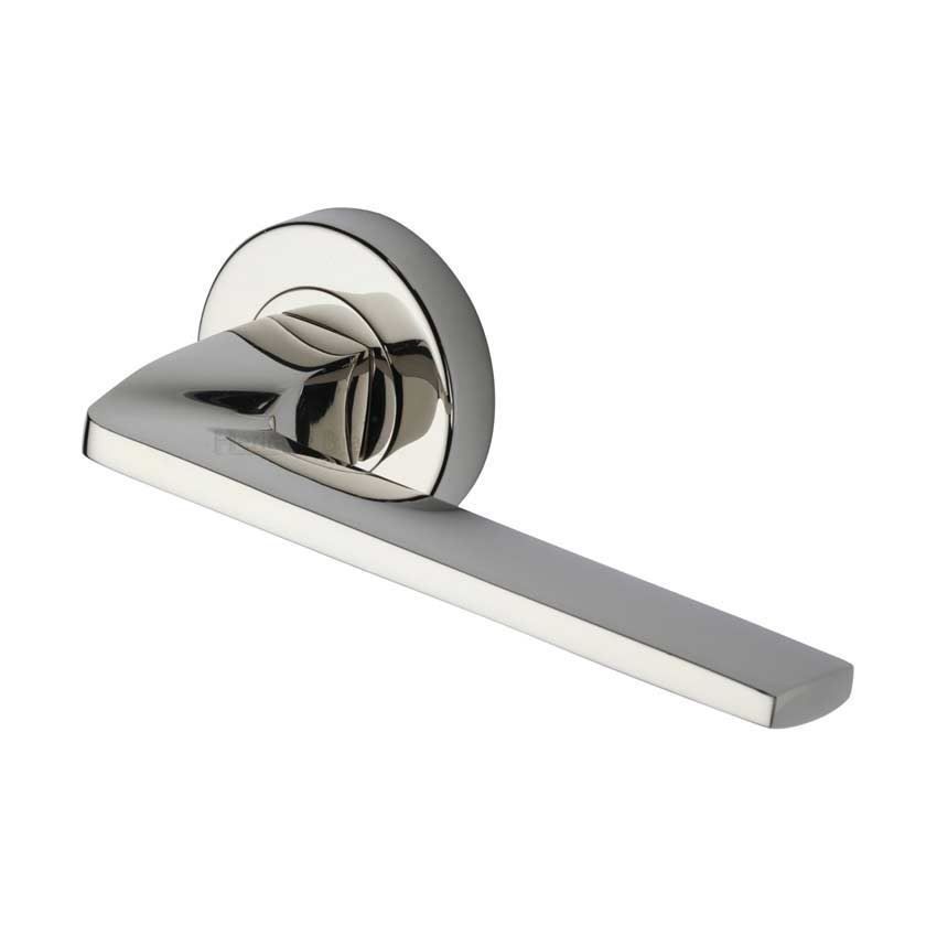 Metro Angled Door Handle on Round Rose in Polished Nickel - V3790-PNF