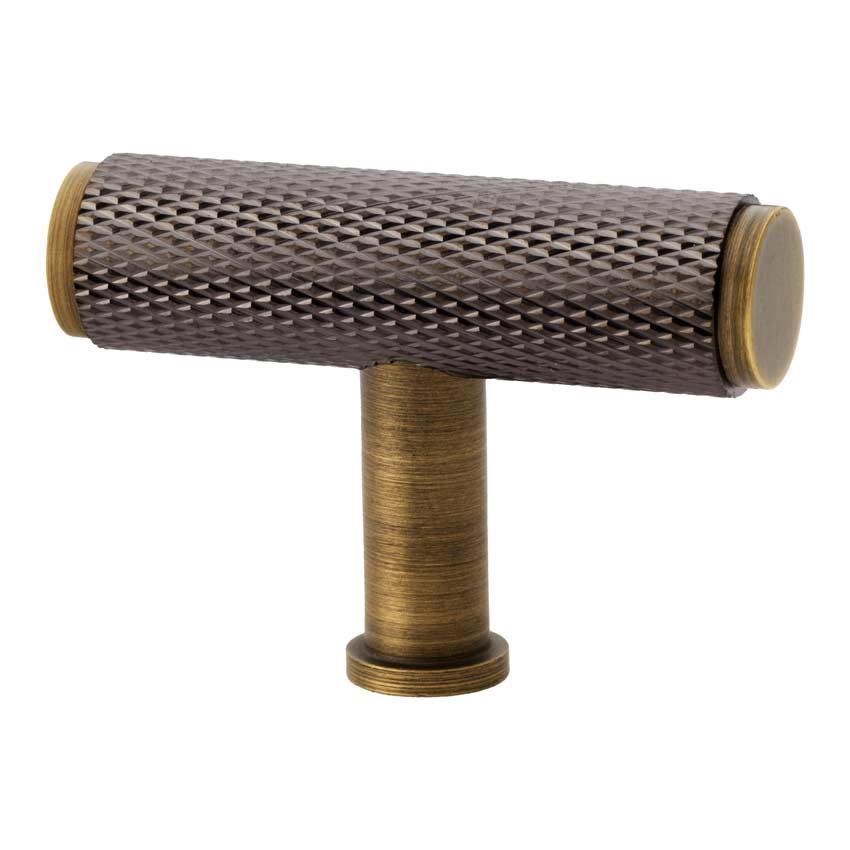 Alexander and Wilks Crispin Dual Finish Knurled T-bar Cupboard Knob - PVD Dark Bronze and Antique Brass Dual Finish