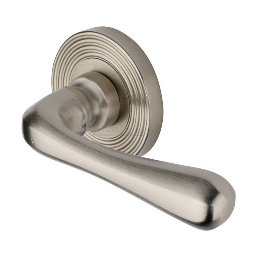 Charlbury Reeded Door Handle on a Rose in Satin Nickel - RR3022SN