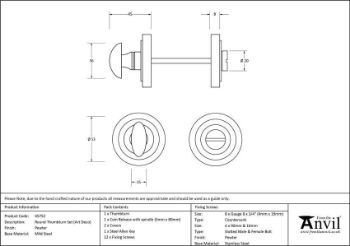 Picture of Pewter Round Thumbturn on an Art Deco Round Rose - From the Anvil - 45752