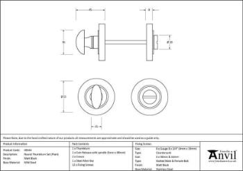 Picture of Matt Black Round Thumbturn on a Plain Round Rose - From the Anvil - 49544