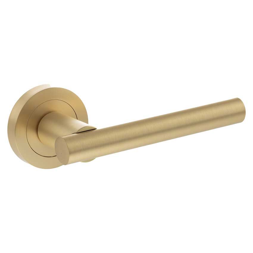 Picture of Nebraska Door Handle On A Round Rose In Satin Brass- S28Rsb