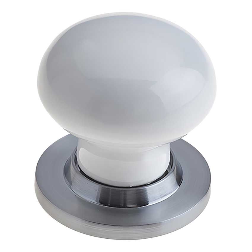 Picture of White Porcelain Mortice Door Knob on a Satin Chrome Rose  - JC10+JC80RSC