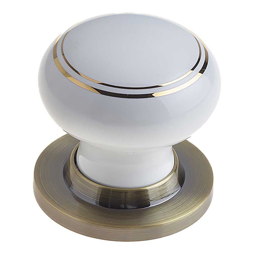 Picture of White Porcelain Gold Line Mortice Door Knob on an Antique Brass Rose  - JC20+JC80RAB