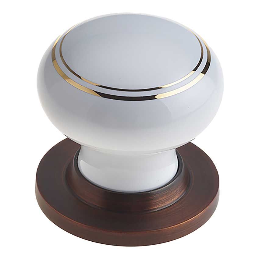 Picture of White Porcelain Gold Line Mortice Door Knob on a Dark Bronze Rose  - JC20+JC80RDB