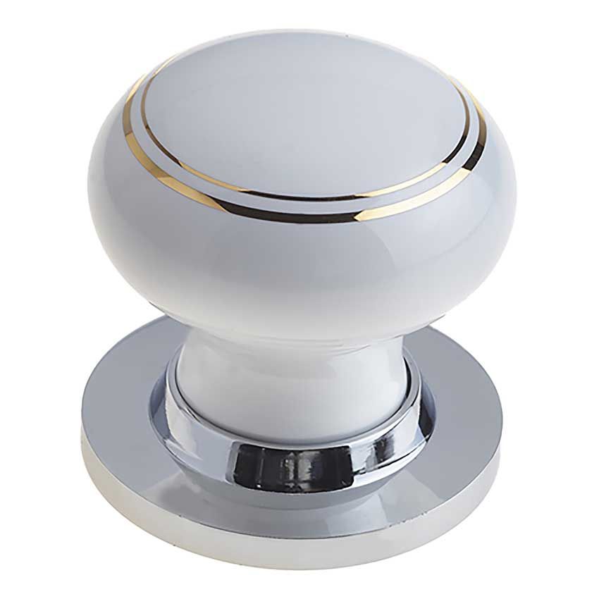 Picture of White Porcelain Gold Line Mortice Door Knob on a Polished Chrome Rose  - JC20+JC80RPC