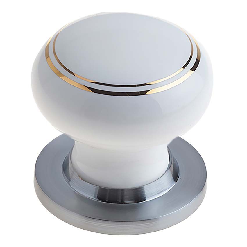 Picture of White Porcelain Gold Line Mortice Door Knob on a Satin Chrome Rose  - JC20+JC80RSC