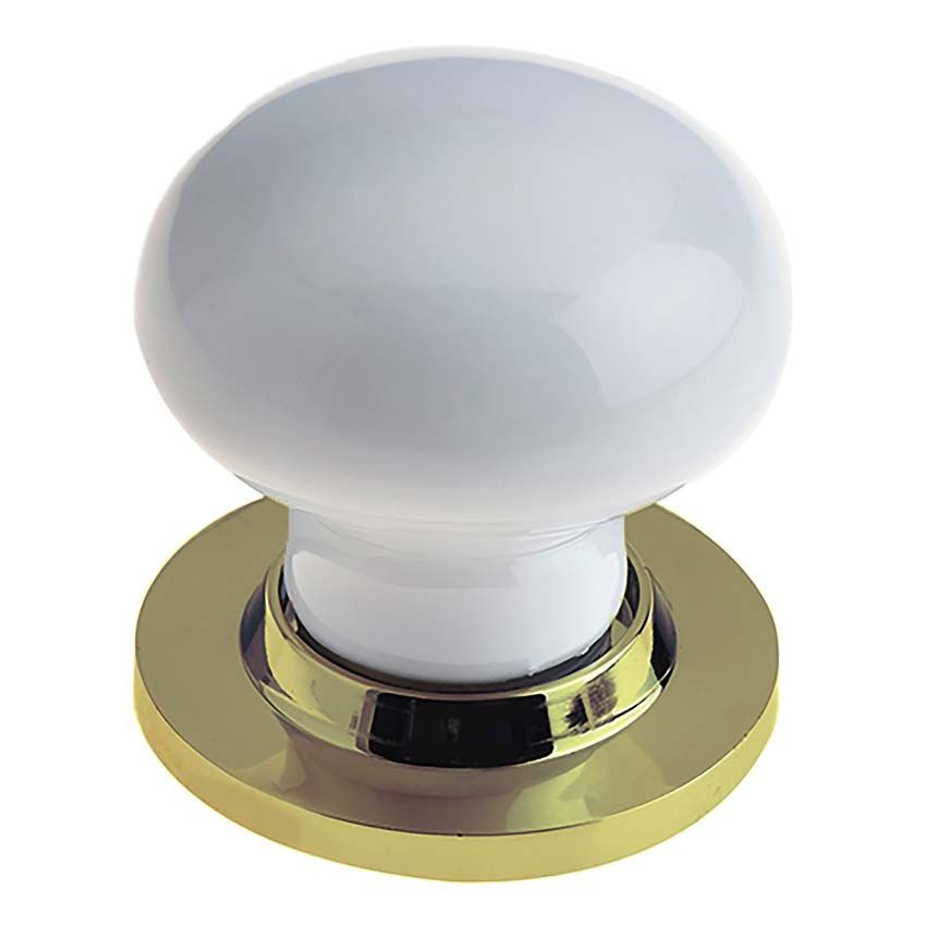 Picture of White Porcelain Mortice Door Knob on a Polished Brass Rose  - JC10+JC80RPVD