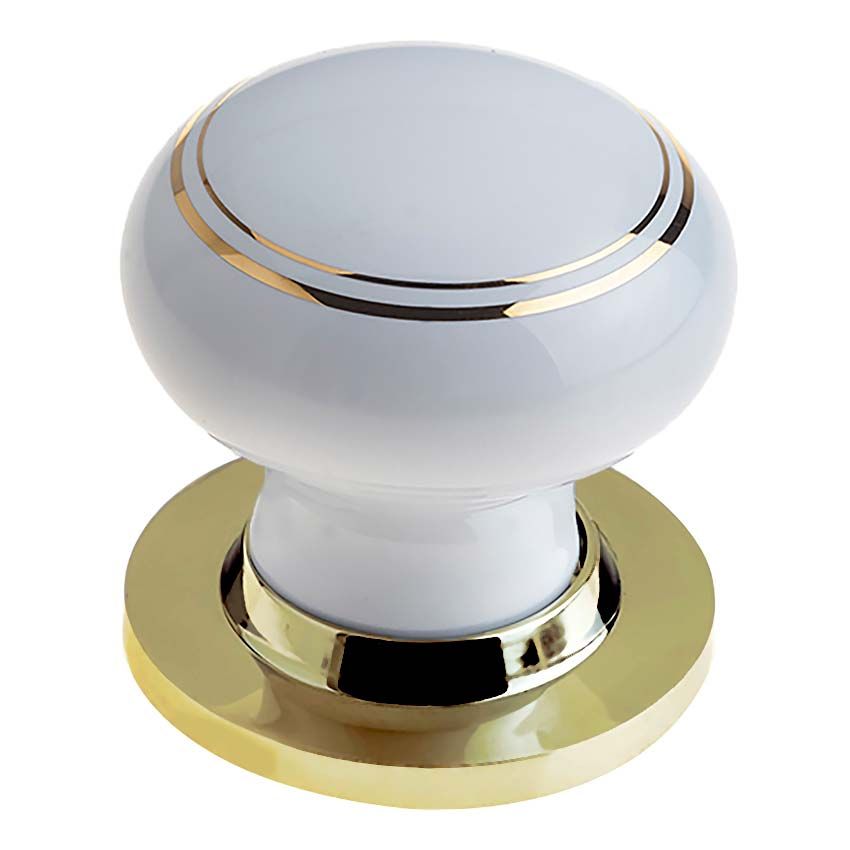 Picture of White Porcelain Gold Line Mortice Door Knob on a Polished Brass Rose  - JC20+JC80RPVD