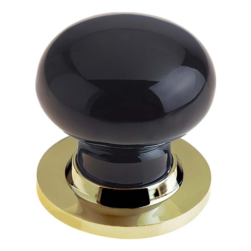 Picture of Black Porcelain Mortice Door Knob on a Polished Brass Rose  - JC60+JC80RPVD