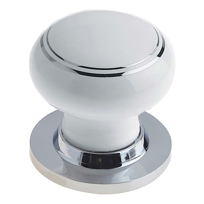 Picture of White Porcelain Silver Line Mortice Door Knob on a Polished Chrome Rose - JC23+JC80RPC