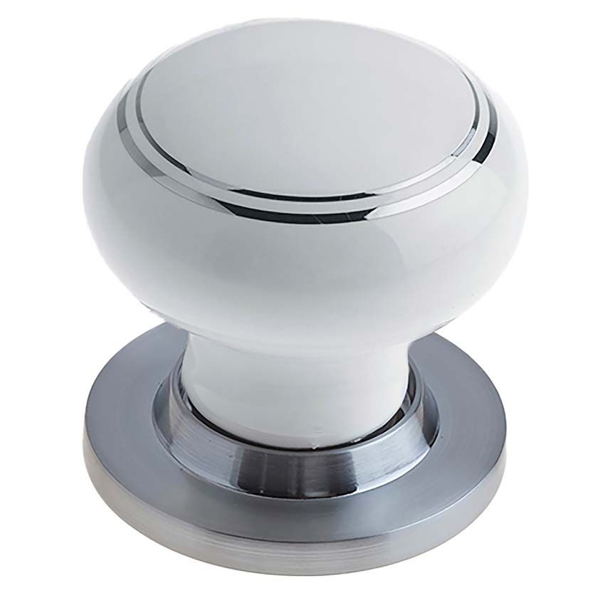 Picture of White Porcelain Silver Line Mortice Door Knob on a Satin Chrome Rose - JC23+JC80RSC