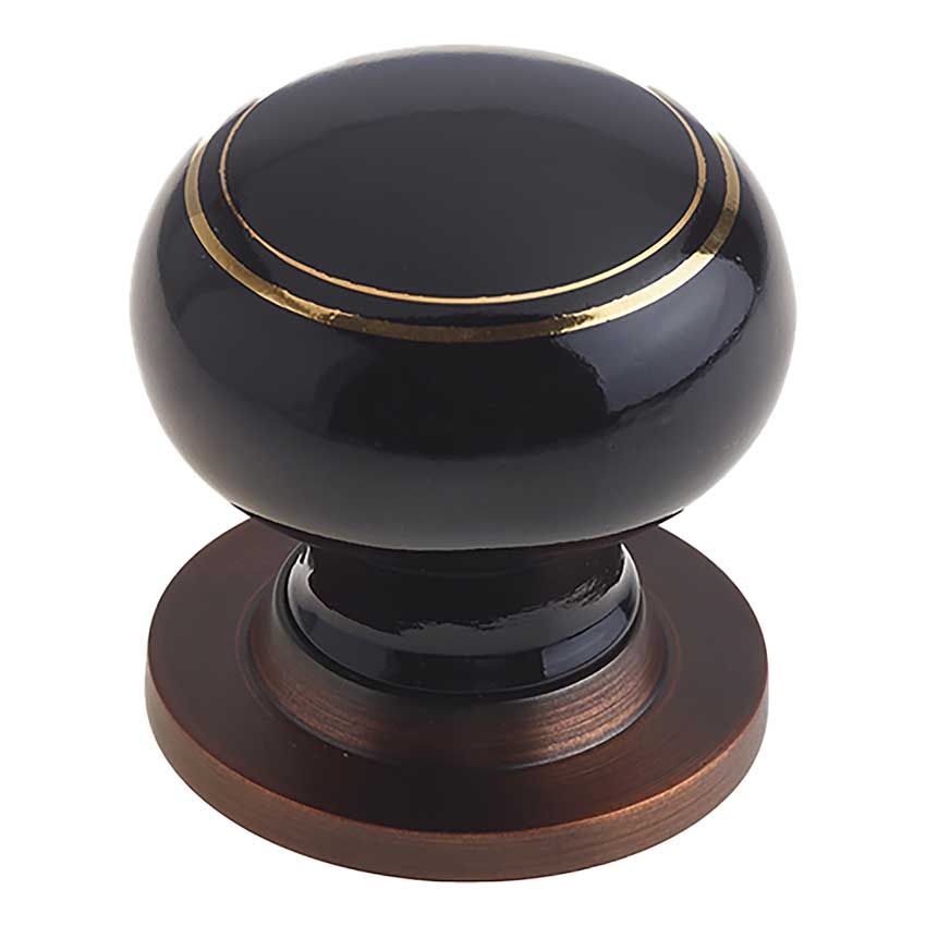 Picture of Black Porcelain Gold Line Mortice Door Knob on a Dark Bronze Rose  - JC70+JC80RDB