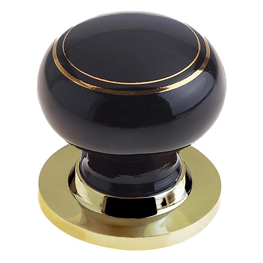 Picture of Black Porcelain Gold Line Mortice Door Knob on a Polished Brass Rose  - JC70+JC80RPVD